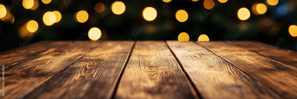 Poster rustic wooden table with a warm golden bokeh background softly blurred creating a cozy ambiance