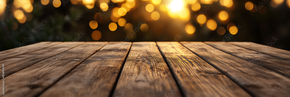 Poster rustic wooden table with a warm golden bokeh background softly blurred creating a cozy ambiance
