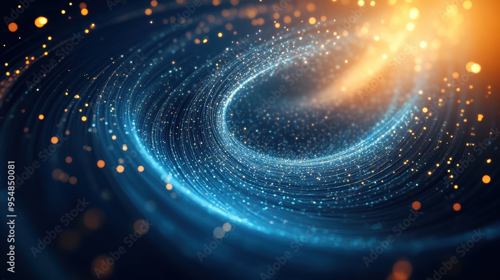 Poster digitally rendered 2d animation of swirling particles forming an intricate, harmonious pattern, with