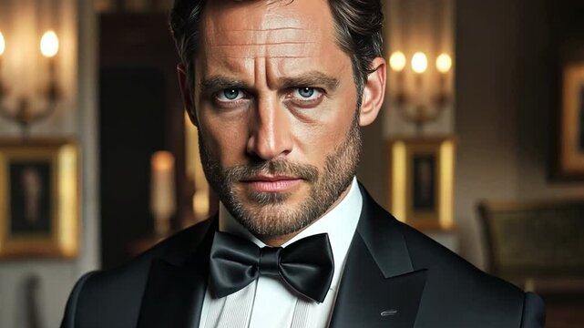 A charming celebrity man wearing a flawless black tuxedo