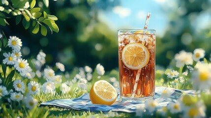 Tall Glass of Iced Tea with Lemon Slices on Picnic Blanket in Sunny Park. AI generated illustration