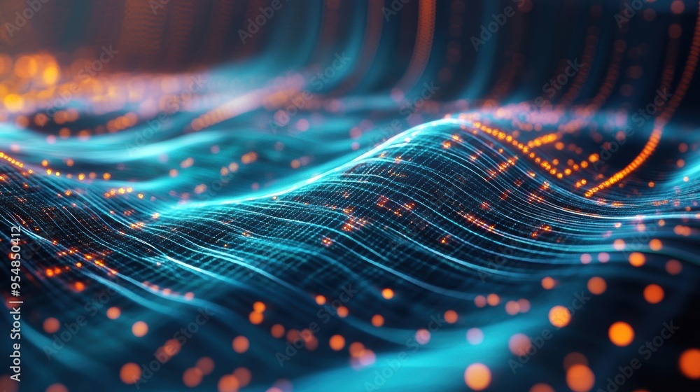 Poster digitally rendered animation of a futuristic digital landscape with holographic interfaces and float