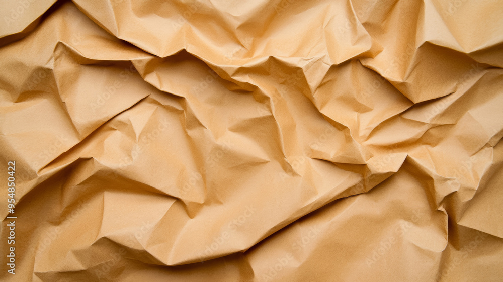 Poster scrunched up recycled paper background in natural brown tones deep wrinkles and folds creating textu