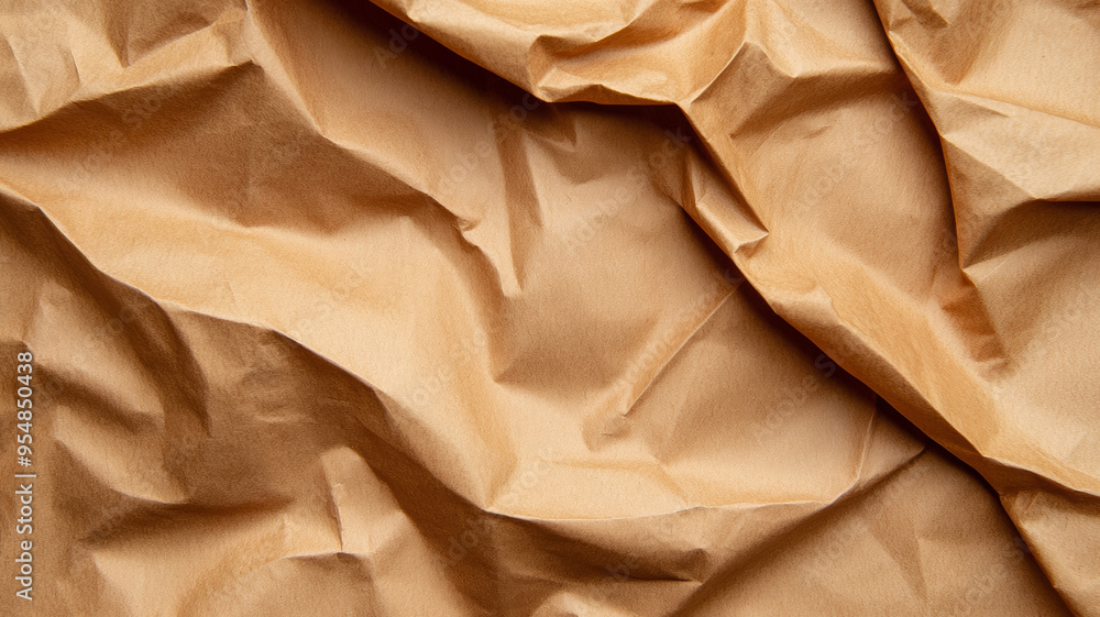 Poster scrunched up recycled paper background in natural brown tones deep wrinkles and folds creating textu