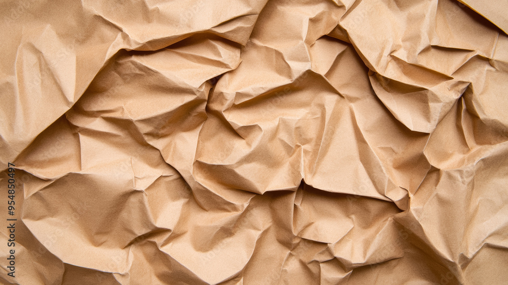 Poster scrunched up recycled paper background in natural brown tones deep wrinkles and folds creating textu