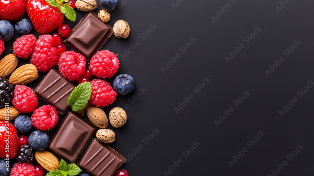 Poster selection of belgian chocolate nuts and berries elegantly positioned on a black background with text