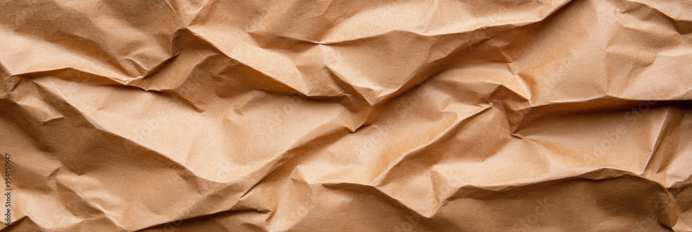 Poster scrunched up recycled paper background in natural brown tones deep wrinkles and folds creating textu