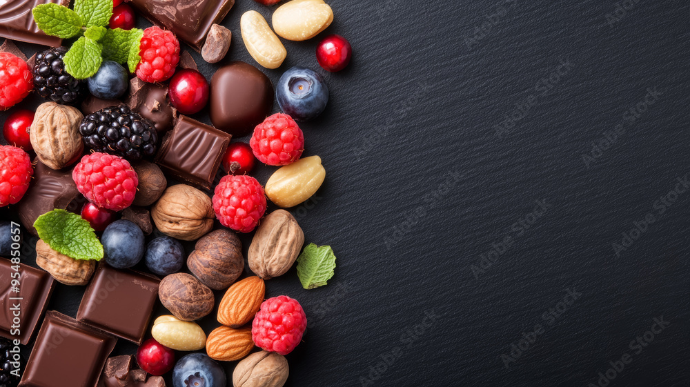 Poster selection of belgian chocolate nuts and berries elegantly positioned on a black background with text