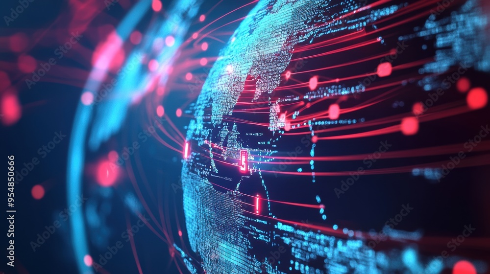 Poster digitally rendered animation of a global network map with nodes lighting up as data is transferred a