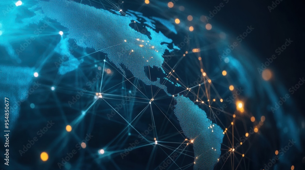 Poster digitally rendered animation of a global network map with nodes lighting up as data is transferred a