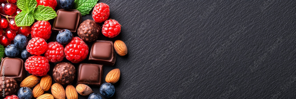 Poster selection of belgian chocolate nuts and berries elegantly positioned on a black background with text