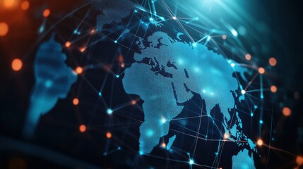 Digitally rendered animation of a global network map with nodes lighting up as data is transferred across continents, representing worldwide communication