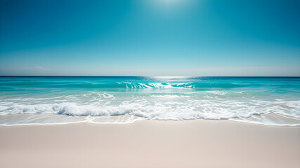 Fototapeta premium Tropical sunny beach view. Calm sunshine relaxing empty beach scene, blue sky happy clouds white sand. Tranquil nature shore coast landscape. Seaside beachfront horizon seascape in sunlight. AI gen