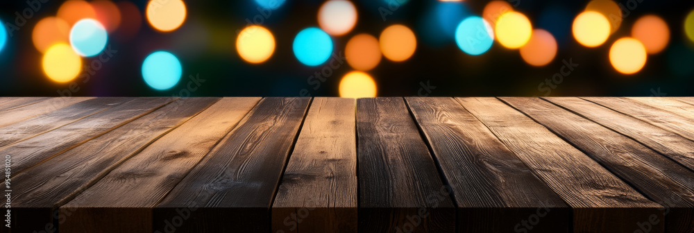 Poster smooth dark wooden table with a softly glowing colorful bokeh background for a vibrant modern touch