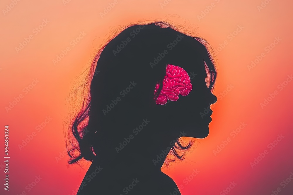Poster neuroendocrinology serotonin drop woman with a glowing brain in a twilight setting symbolizing the a