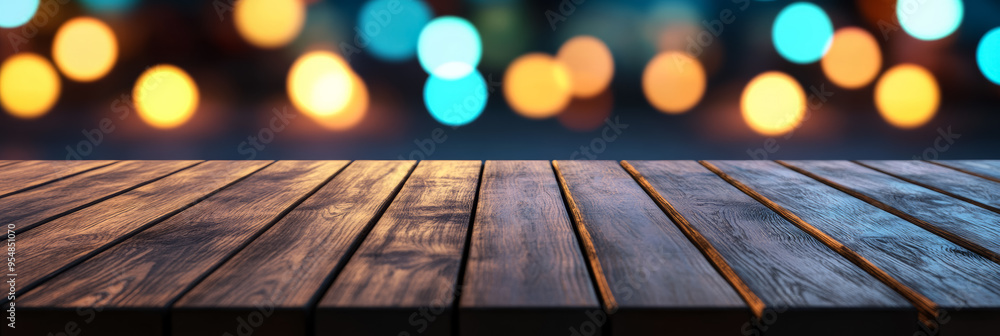 Poster smooth dark wooden table with a softly glowing colorful bokeh background for a vibrant modern touch