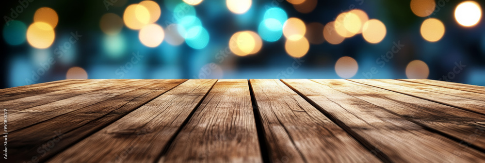 Poster smooth dark wooden table with a softly glowing colorful bokeh background for a vibrant modern touch
