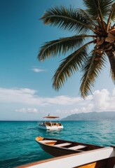Fototapeta premium boat and palm tree on tropical islands phone wallpaper. ai generated