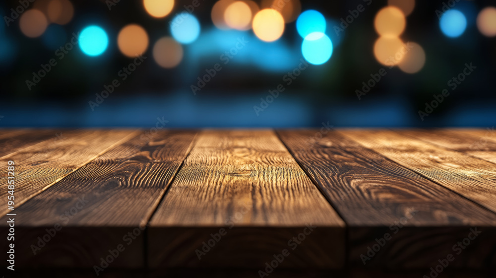 Poster smooth wooden table surface with a gently glowing blurred bokeh background in vibrant colors