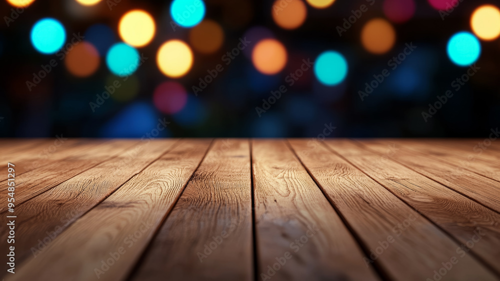 Poster smooth wooden table surface with a gently glowing blurred bokeh background in vibrant colors