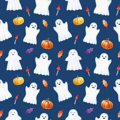 Halloween cute ghost decor seamless pattern. Hand drawn illustration. Spooky ghosts, autumn orange pumpkins, leaves and mushroom on dark background. For Halloween decoration gift packaging, wrapping