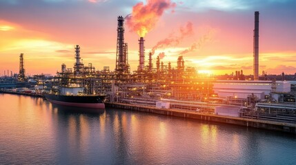Naklejka premium Sunset Over Bustling Refinery Complex on the Harbor