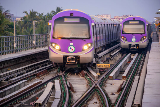 Metro train approaching the platform at Salt Lake, West Bengal, India on February 18, 2020.