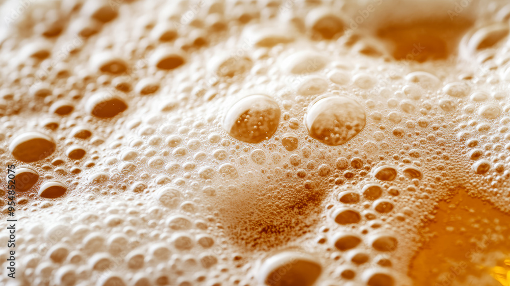 Poster super macro of soft beer foam bubbles on the surface of a golden lager capturing fine intricate deta