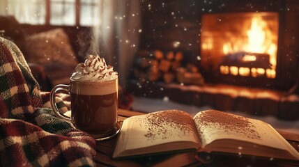 Cozy Winter Night with Hot Chocolate. AI generated illustration