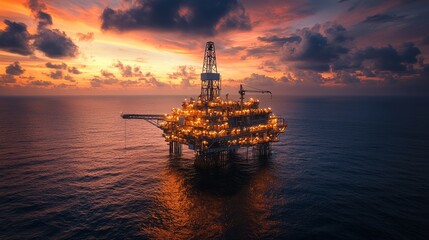 Offshore oil rig platform at sunset with dramatic sky and reflections
