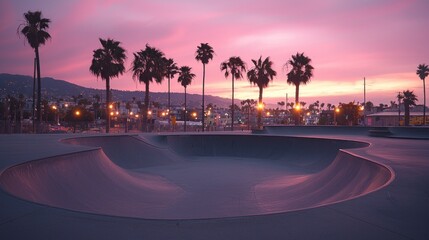 Obraz premium Skatepark at sunset with palm trees and colorful sky in urban setting