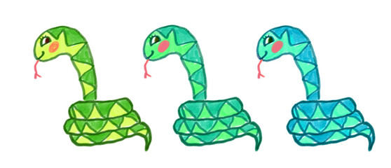 Vector illustration child drawing of cute snake with color variations