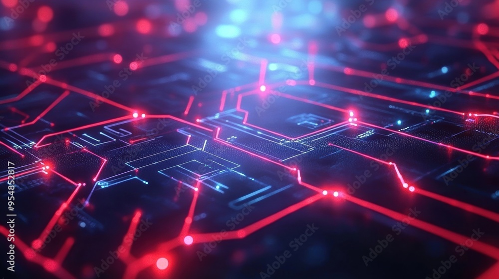 Poster futuristic 3d animation of interconnected digital nodes and circuits, looping smoothly to represent 