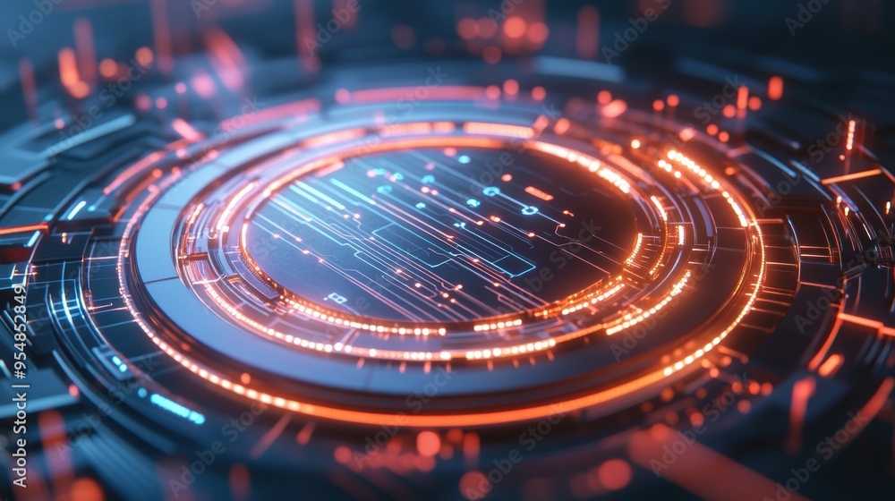 Poster futuristic 3d loop with glowing circuits and digital nodes, symbolizing advanced technology and conn