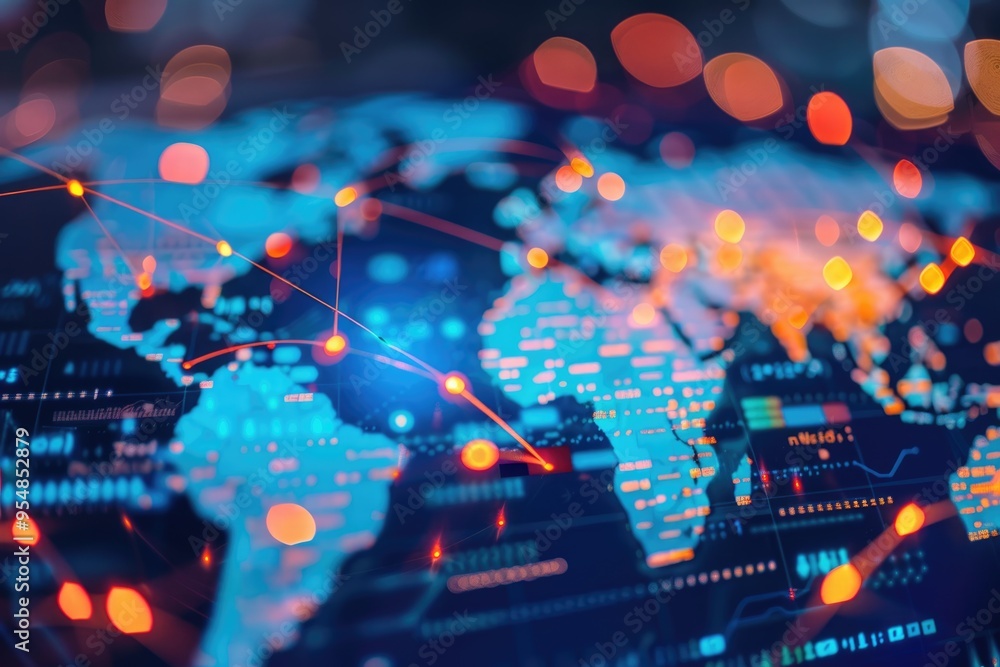 Poster global network connectivity across continents with glowing lines and nodes highlighting digital comm