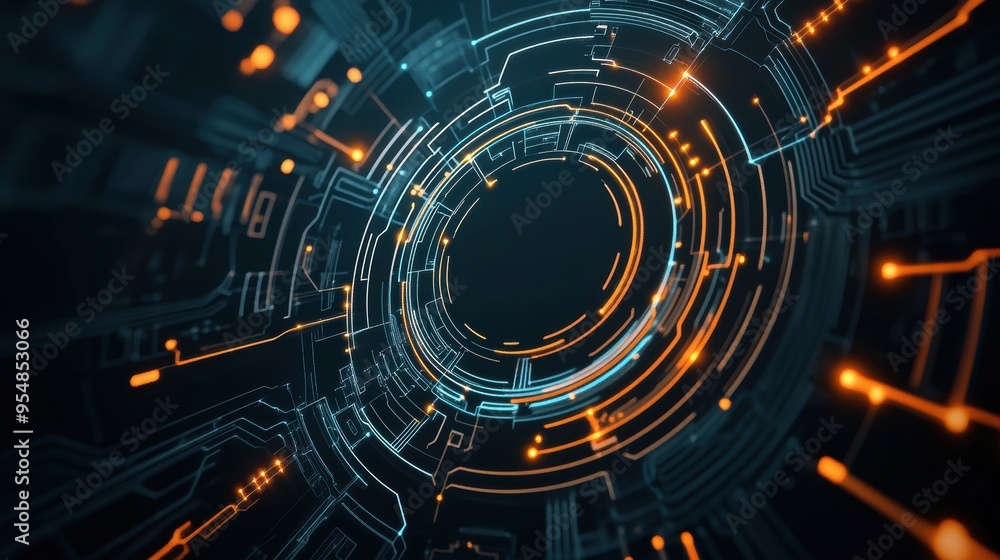 Poster futuristic 3d loop with glowing circuits and digital nodes, symbolizing advanced technology and conn