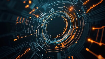 Obraz premium Futuristic 3D loop with glowing circuits and digital nodes, symbolizing advanced technology and connectivity, designed for seamless background integration