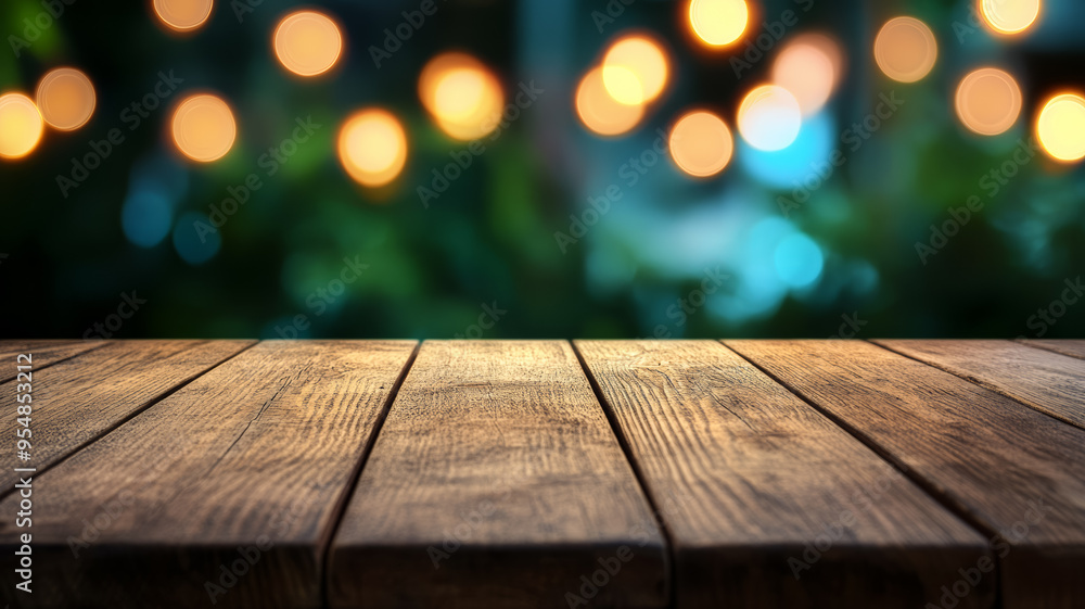 Poster wooden table with a soft pastel bokeh background gently blurred creating an inviting atmosphere