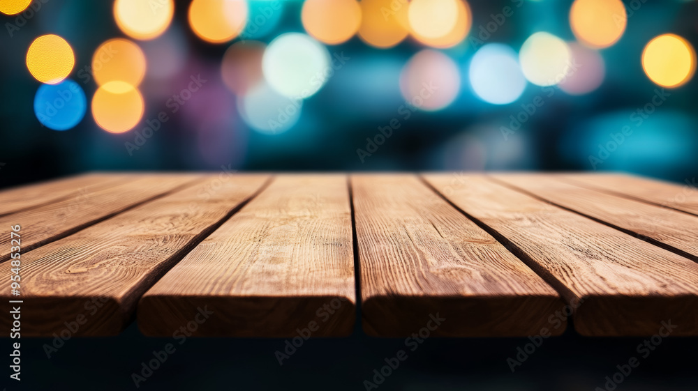 Poster wooden table with a soft pastel bokeh background gently blurred creating an inviting atmosphere