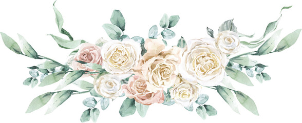 Spring Floral Wedding Bouquet White Cream Pastel Watercolor Corner Banner Elegant Wreath Frame