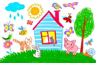 Felt pen hand drawn vector illustrations set of child drawing of landscape with house and trees