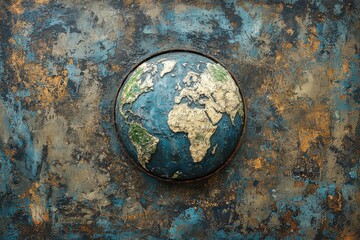 Artistic rendition of planet Earth on rusted, textured metal background. Concept of global issues, environment, and sustainability