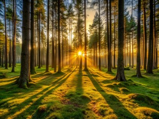 Fototapeta premium Capture the soft, warm light of a sunset over a forest where the trees' shadows stretch across the forest floor, creating a sense of depth and dimension.