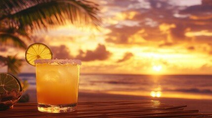 Tropical Beach Sunset with Margarita on a Bamboo Table, Palm Trees, and Golden Ocean Reflections. AI generated illustration