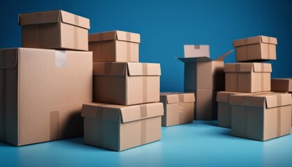 cardboard moving boxes on blue background, ai generated, ai