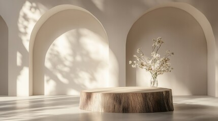 Rustic Tree Stump Podium with Soft Lighting and Floral Accents in a Modern Room. AI generated illustration