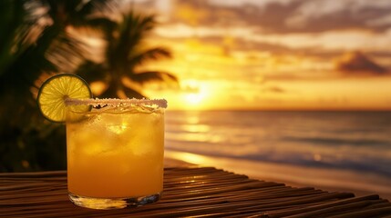 Tropical Beach Sunset with Margarita on a Bamboo Table, Palm Trees, and Golden Ocean Reflections. AI generated illustration