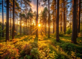 Obraz premium Capture the soft, warm light of a sunset over a forest with the sun peeking through the canopy, casting dappled shadows on the underbrush.