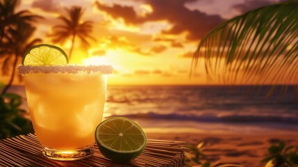 Tropical Beach Sunset with Margarita on a Bamboo Table, Palm Trees, and Golden Ocean Reflections. AI generated illustration