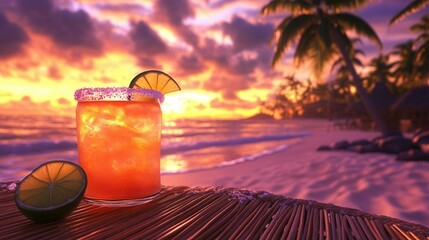 Tropical Beach Sunset with Margarita on a Bamboo Table, Palm Trees, and Golden Ocean Reflections. AI generated illustration